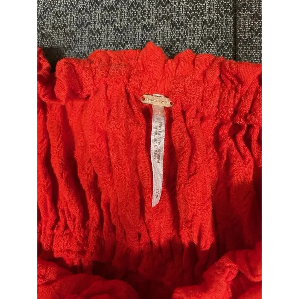 Free People Ladybug Long Sleeve Boho Top S Flambe‎ Red Cropped Puff slv Milkmaid
